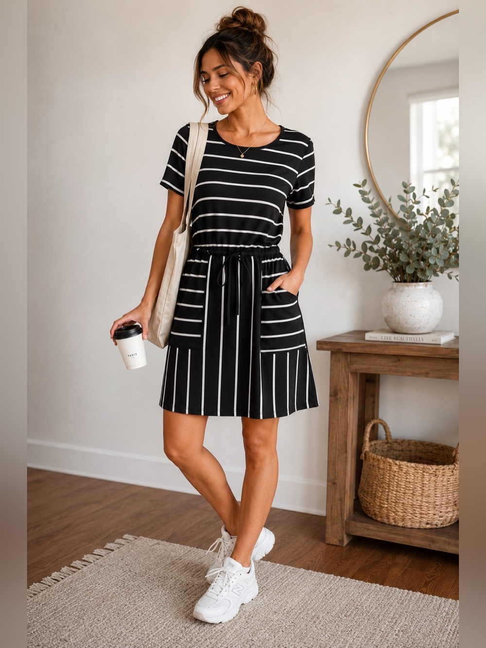 Emery Rose Black White Striped Midi Dress Size Medium Tie Waist Short Sleeve